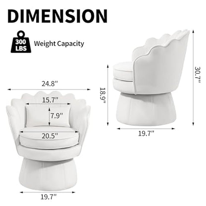 360° Swivel Accent Chair, Mid-Century Modern Velvet Barrel Chair, Comfy Shell Shape Arm Chair with Lumbar Pillow for Living Room, Bedroom, Office, White