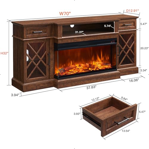 3-Sided Glass Farmhouse Fireplace TV Stand for TVs up to 80'', Highboy Entertainment Center with Glass Door Storage Cabinet, 70'' Large TV Stands with 36'' Electric Fireplace, Reclaimed Barnwood
