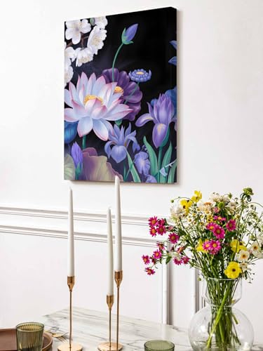 NuYeBiofx Blue Purple Colorful Lotus Canvas Wall Art Prints,48"x32" Framed Picture Artwork Watercolor Flower Leaves Plant Printed Canvas Oil Painting for Living Room Bedroom Office,Ready to Hang