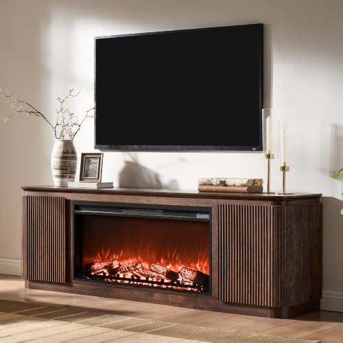 70" Fluted TV Stand with 36" Electric Fireplace, Dark Walnut Oak, view 3