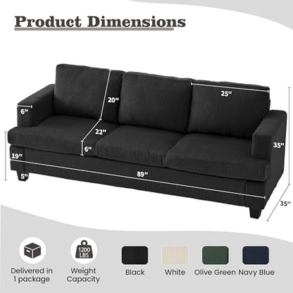 Loveseat & 3 Seater Sofa Sets, 89" Couch Sofa Set for Living Room Furniture, 2 Piece Modern Sleeper Sofa with Deep Seat Cloud Couch for Apartment Lounge, Black Corduroy