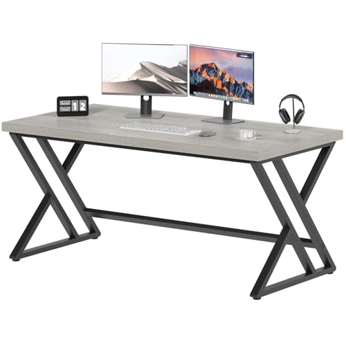 Grey Computer Office Desk, Industrial Wood PC Gaming Gray Desk for Home Office, Modern Wooden Metal Study Work Bedroom Table, Farmhouse Executive Writing Desk with Storage, 55 Inch, Light Grey Oak