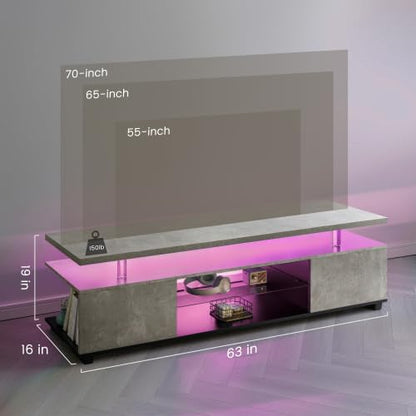 TV Stand with LED Lights Modern Gaming Tv Stand for 70" TV with Storage Remote App Control Long LED Entertainment Center for Livingroom, Bedroom (Gray/for 70" TV, 63.00"*16.00"21.00)