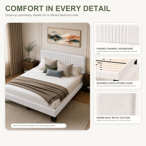 Queen Upholstered Platform Bed Frame with Adjustable Padded Headboard, view 5