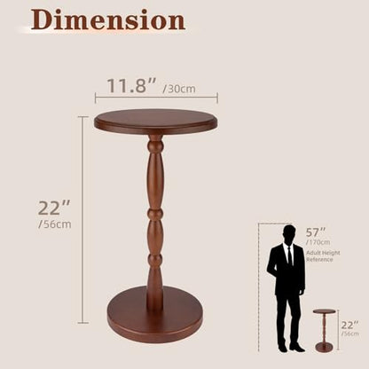 12" Real Wood Round Drink Table, Small Pedestal Side Table with Decorative Beaded Design, Accent End Table for Living Room and Bedroom, Brown