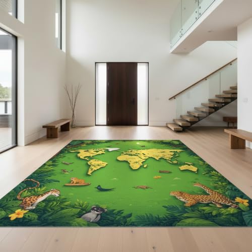 Design&I 6'x9' Green Tropical World Map Adventure Washable Area Rug | Explore Exotic Animals in an Educational Layout for Queen Size Bedroom, Under Bed, Sleek Flatweave Pet Friendly