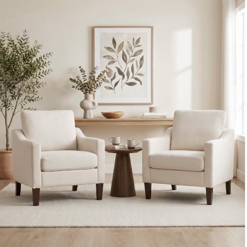 Mid-Century Accent Chairs Set of 2, No Tools Assembly Required, Modern Upholstered Polyester Armchairs for Living Room & Bedroom, Comfortable Reading Chairs with Wood Legs, Beige