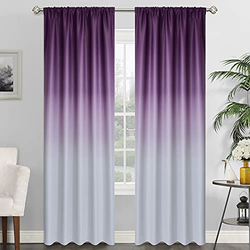 Rod Pocket Ombre Room Darkening Curtains for Bedroom, Light Blocking Gradient Purple and Greyish White Thermal Insulated Curtains Drapes for Living Room,2 Panels, 52x84 inches Length