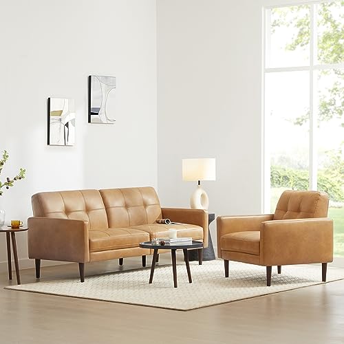 CHITA Mid-Century Sofas Furniture 73.2''W Faux Leather Sofa Couch Sets for Living Room Apartment, Cognac Brown