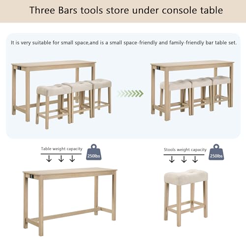 4 Piece Dining Table and Chairs Set with Charging Station, Farmhouse Wooden Kitchen Island-Table w/USB&Typc C&Power Outlet, 59" Behind Sofa-Table w/3pcs Upholstered Stools,Light Oak