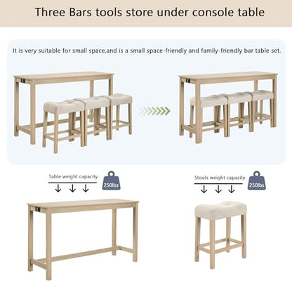 4 Piece Dining Table and Chairs Set with Charging Station, Farmhouse Wooden Kitchen Island-Table w/USB&Typc C&Power Outlet, 59" Behind Sofa-Table w/3pcs Upholstered Stools,Light Oak