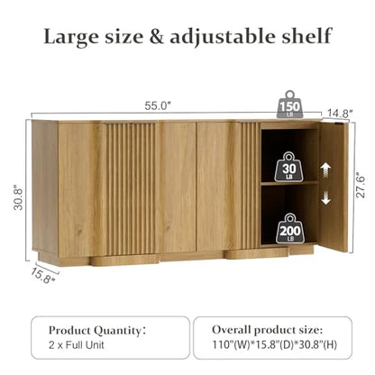 Fluted Buffet Cabinet with Storage, 110" Accent Sideboard Credenza, view 3