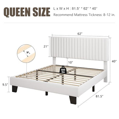 Queen Velvet Bed Frame with Solid Wood Slats White, view 3