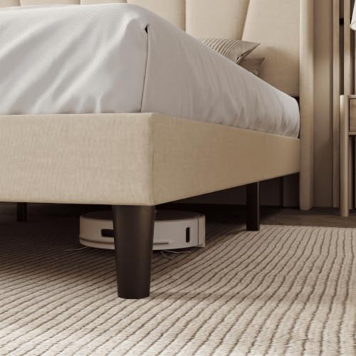 Queen Size Platform Linen Bed Frame with Headboard, Beige, view 6