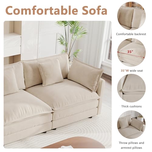 Modular Sectional Sofa, 111.5 Inch L Shaped Couch Set for Living Room, 3-Seater Comfy Cloud Couches with Movable Ottoman, DIY Combination, Chenille, Light Coffee