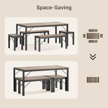 63" Dining Room Table Set for 6, Kitchen Table with 2 Benches and 2 Stools, Dining Table Set with Metal Frame, Space-Saving Kitchen Table Set for Apartment, Grey