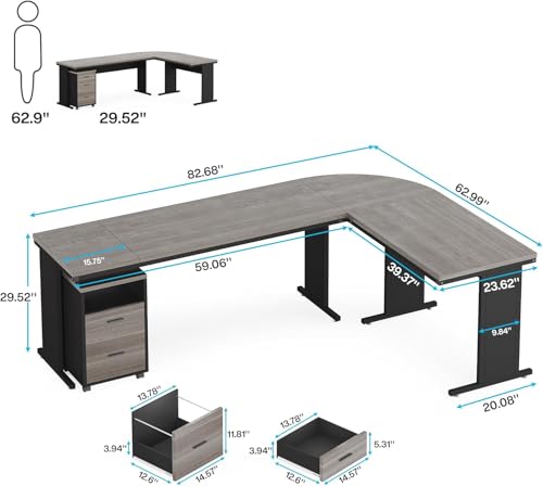 82.67" Long Executive Desk with Drawers, Large L-Shaped Office Desk with Mobile File Cabinet, Farmhouse Computer Office Furniture Work Desk with Storage for Home Office, Gray