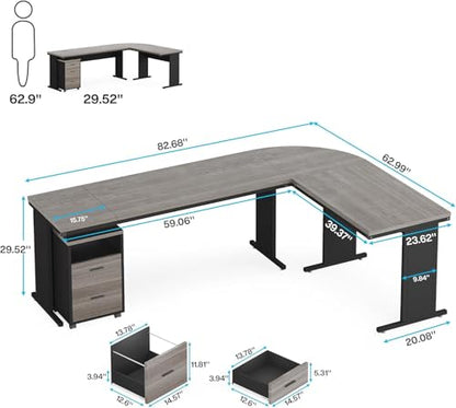 82.67" Long Executive Desk with Drawers, Large L-Shaped Office Desk with Mobile File Cabinet, Farmhouse Computer Office Furniture Work Desk with Storage for Home Office, Gray