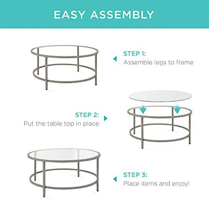 Best Choice Products 36in Modern Round Tempered Glass Accent Side Coffee Table for Living Room, Dining Room, Tea, Home Décor w/Metal Frame, Non-Marring Foot Caps - Gray
