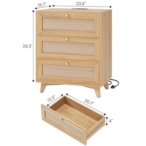 Rattan Nightstand with Charging Station, Natural Rattan Night Stand with 3 Large Wicker Decorated Drawers, Boho Bedside Table, End Side Table, 3 Drawer Dresser for Bedroom