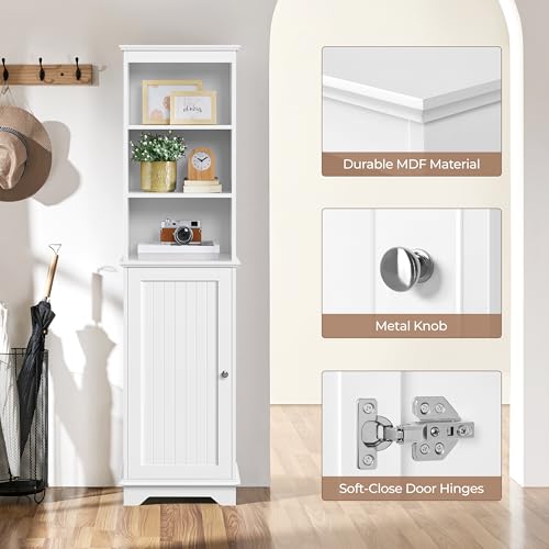 Yaheetech Tall Slim Storage Cabinet with 3 Shelves & Door, Freestanding Linen Cabinet for Bathroom, Living Room, Entryway, 16 x 12 x 60.5 Inches, White