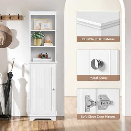 Yaheetech Tall Slim Storage Cabinet with 3 Shelves & Door, Freestanding Linen Cabinet for Bathroom, Living Room, Entryway, 16 x 12 x 60.5 Inches, White