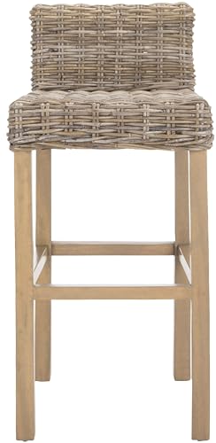 SAFAVIEH Furniture - Cypress Bar Stool - 29.72" Seat Height - Natural Unfinished & Taupe - Mango Wood - Coastal Saddle Design - Ideal for Kitchen, Bar Area, Dining Room - Fully Assembled (FOX6502B)
