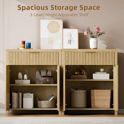 Storage Cabinet Fluted Sideboard Buffet Cabinet with Adjustable Shelves & Quality Wooden Tabletop, Modern Accent Credenza Media Console for Living Room, Entryway, Hallway, Natural Oak