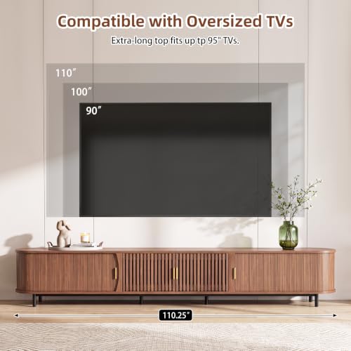110.25" TV Stand with Sliding Cabinets, Walnut Media Console with Storage, view 5