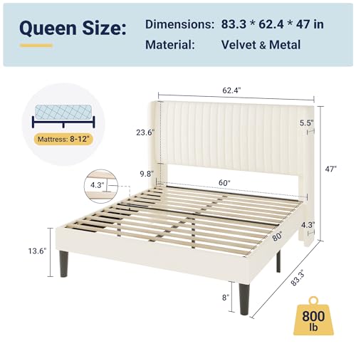 Queen Size Velvet Bed Frame/Vertical Channel Tufted Wingback, view 3