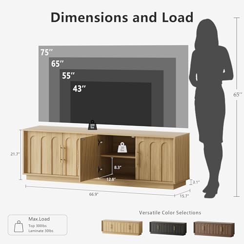 67" Mid Century Modern TV Stand for 75 Inch TV Living Room, Oak, view 3