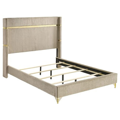 Coaster Home Furnishings Lucia Modern Classic 4-Piece Bedroom Set Velvet Upholstered Eastern King Size Wingback Bed Frame 61-inch Headboard Beige and White 224731KE-S4