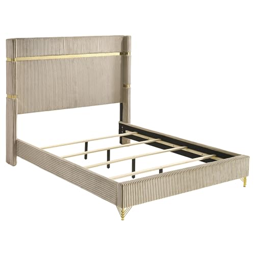 Coaster Home Furnishings Lucia Modern Classic 4-Piece Bedroom Set Velvet Upholstered Eastern King Size Wingback Bed Frame 61-inch Headboard Beige and White 224731KE-S4