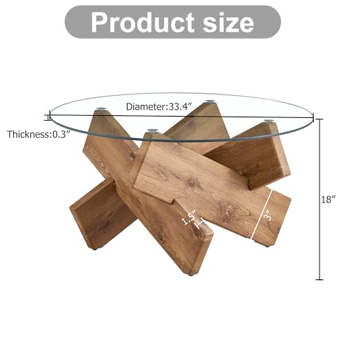 Round Glass Coffee Table, 33.4 Inch Clear Tempered Glass Top Coffee Table with Rustic Wood Crossed Legs, Modern Small Glass Center Table for Living Room Home
