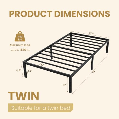 14" Twin Platform Bed Frame, No Box Spring Needed, Apartment, Black, view 3