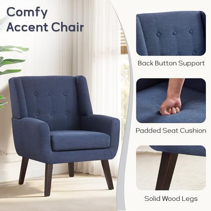 Accent Chair Living Room Chair, Upholstered Button Tufted Armchair, Linen Fabric Sofa Chairs for Bedroom, Living Room, Mid Century Modern Comfy Reading Chair (Dark Blue)