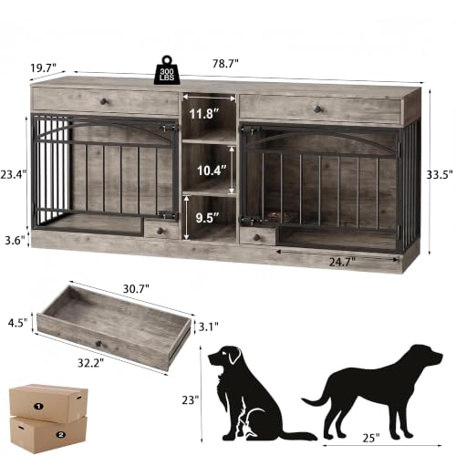 Dog Crate Furniture for 2 Dogs, Dog Kennel Indoor with Storage and Feeding Bowls, view 3