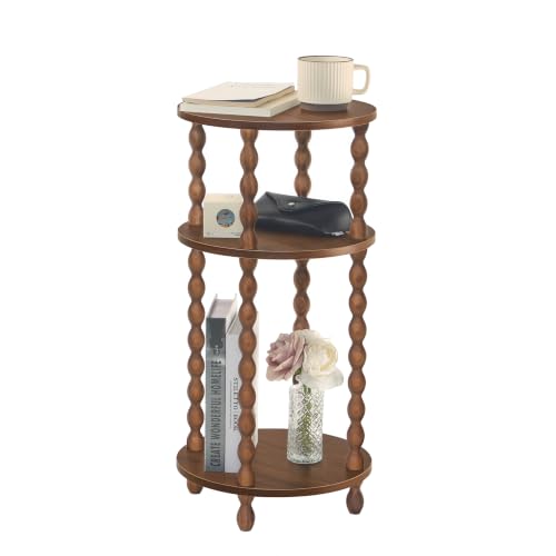 Small Round End Table, Round Side Table with 3-Tier Open Shelf for Small Spaces, Wood Accent Table Nightstand for Bedroom, Living Room, Office, Walnut Brown