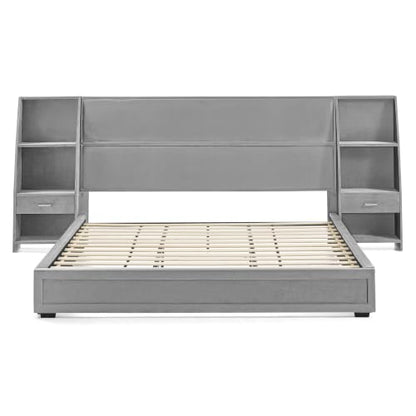 JIVOIT King Storage Platform Bed, Upholstered Headboard, Side Bookcases & Drawer (Gray-King-2)