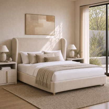 Queen Upholstered Bed Frame, 47" Tall Wingback Headboard, Beige, view 4