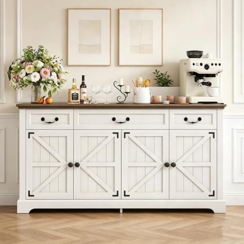 Sideboard Buffet Cabinet with 3 Drawers and 4 Doors,65",White, view 2