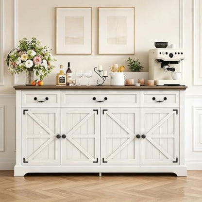 Sideboard Buffet Cabinet with 3 Drawers and 4 Doors,65",White, view 2