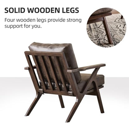 Mid-Century Modern Accent Chair with Wood Frame, PU Leather Living Room Chair and Soft Thick Padded Armchair for Living Room Bedroom Reception with Removable Upholstered Cushions, Dark Grey