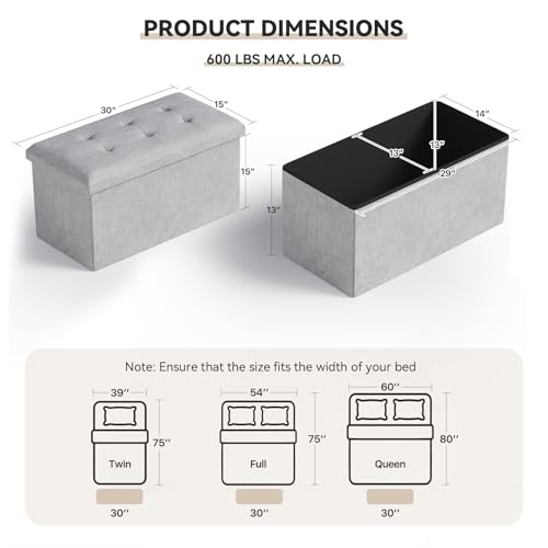 Storage Ottoman Bench, 30 Inch Ottoman Foot Rest, Light Gray | End of Bed Bench, Storage Chest, For Living Room, Bedroom, Entryway