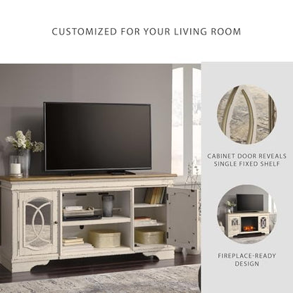 Signature Design by Ashley Realyn 74" Farmhouse TV Stand with Fireplace Option, White Entertainment Center for TVs up to 85", Antiqued Chipped White, Wood, Veneer and Engineered Wood