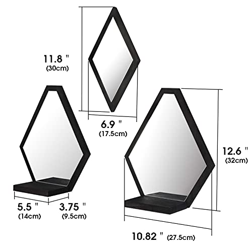 JACKCUBE Design Wall Mount Decorative Mirrors- Set of 3, Geometric Rustic Wood Real Mirror with Shelf for Bedroom, Bathroom, Living Room, Kitchen Wall Art Décor- MK689A