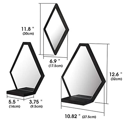 JACKCUBE Design Wall Mount Decorative Mirrors- Set of 3, Geometric Rustic Wood Real Mirror with Shelf for Bedroom, Bathroom, Living Room, Kitchen Wall Art Décor- MK689A