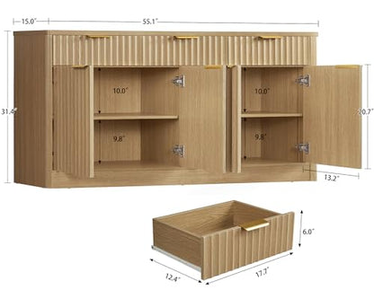 Large Buffet Cabinet with Storage & Drawers, Sideboard Cabinet with 2 Adjustable Shelves & 4 Doors, Coffee Bar Station, Kitchen Storage Cabinets, Natural