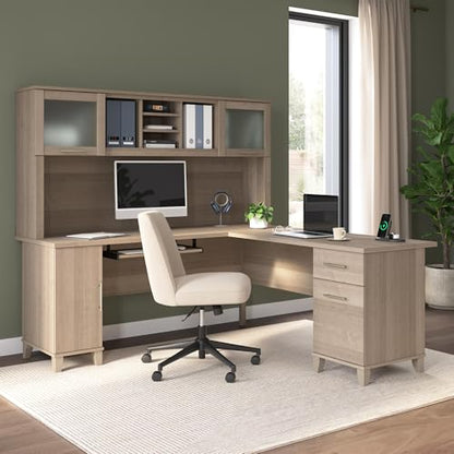 72-Inch L-Shaped Desk with Hutch, Corner Computer Office Desk with File and Box Drawers, Shelves and Storage Cabinet, Home Office Workstation, Somerset Collection, Ash Gray