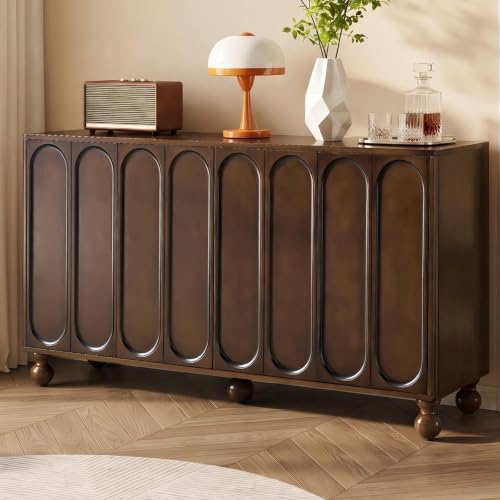 60" Sideboard Buffet Cabinet,Birch Wood Veneer,3D Arched Doors, Brown, view 2